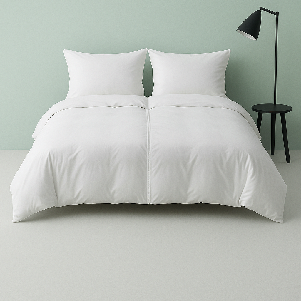 Settoo DuoCover zipped - White comforter set on a bed with a minimalistic room setup.