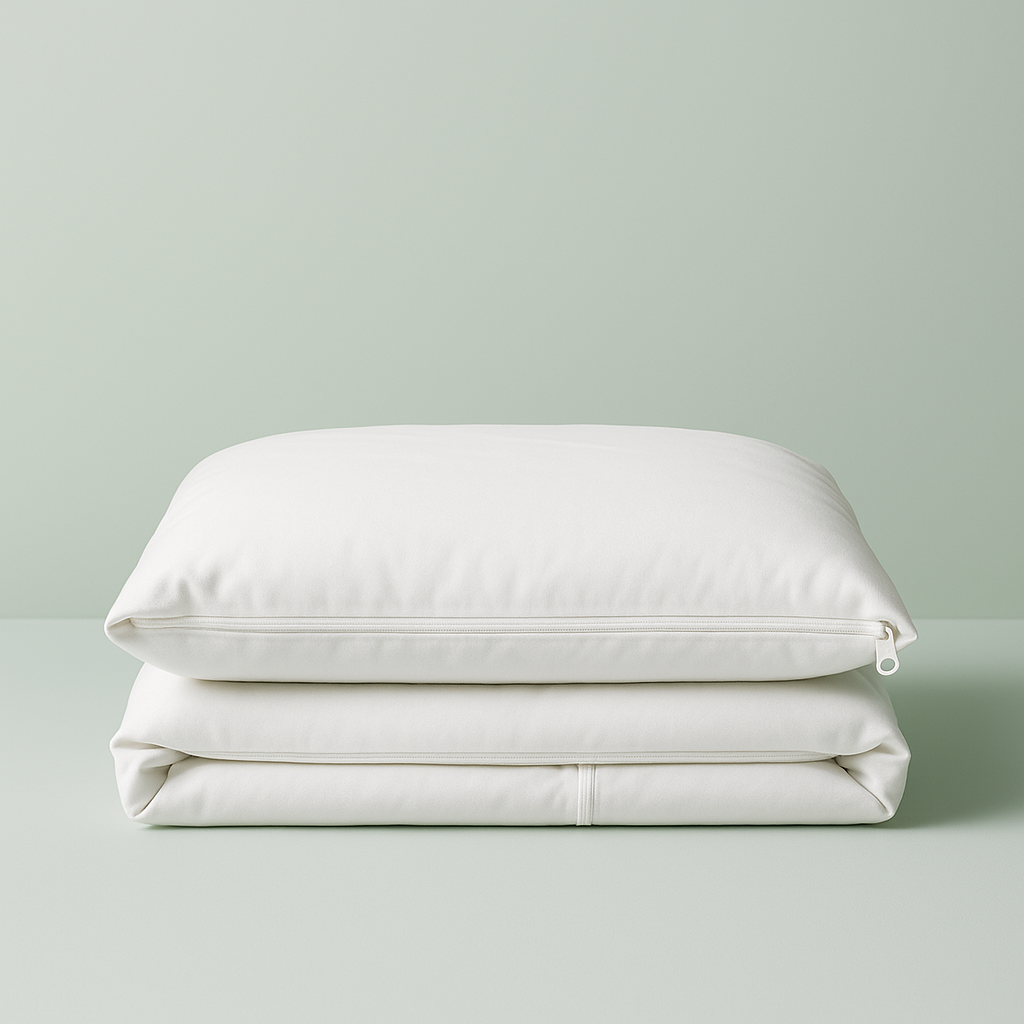 Settoo DuoCover folded - White pillow and duvet set on a light green background