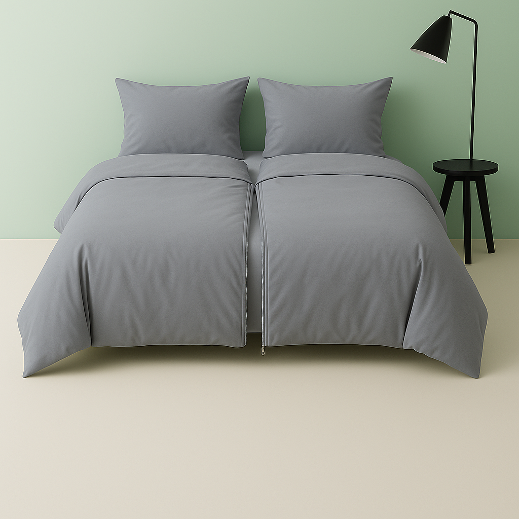 Settoo DuoCover unzipped - 2 single soft grey duvet covers and matching pillows set on a bed with a green wall and black lamp in the background