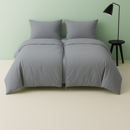 Settoo DuoCover unzipped - 2 single soft grey duvet covers and matching pillows set on a bed with a green wall and black lamp in the background