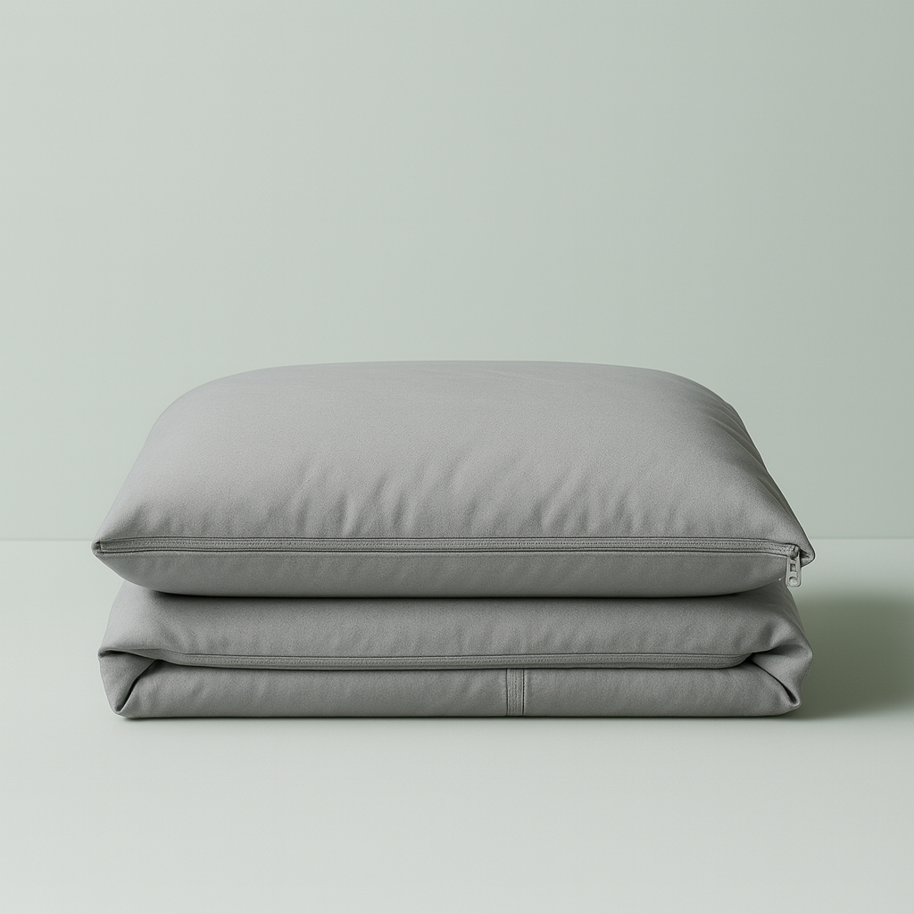 Settoo DuoCover folded - Gray pillow and duvet set on a light gray background