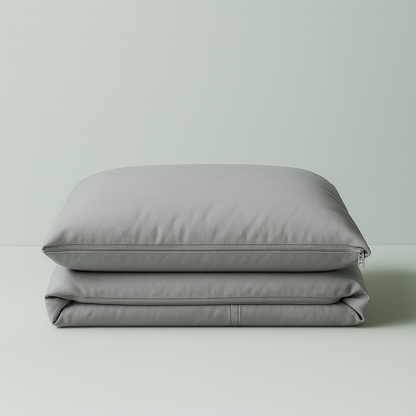 Settoo DuoCover folded - Gray pillow and duvet set on a light gray background