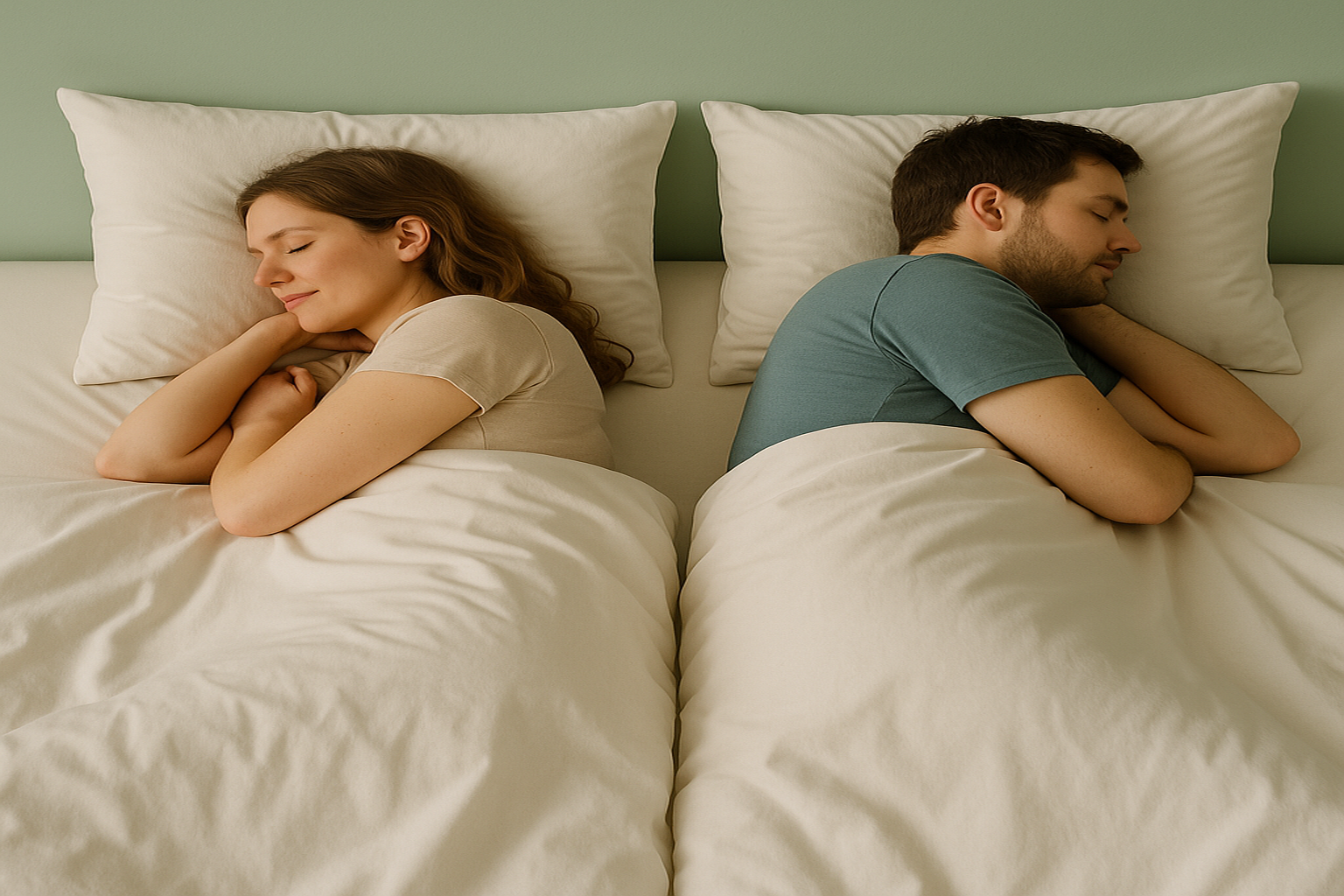 Two people lying in bed facing each other with a neutral background. their Settoo DuoCover is unzipped, creating two separated single duvet covers