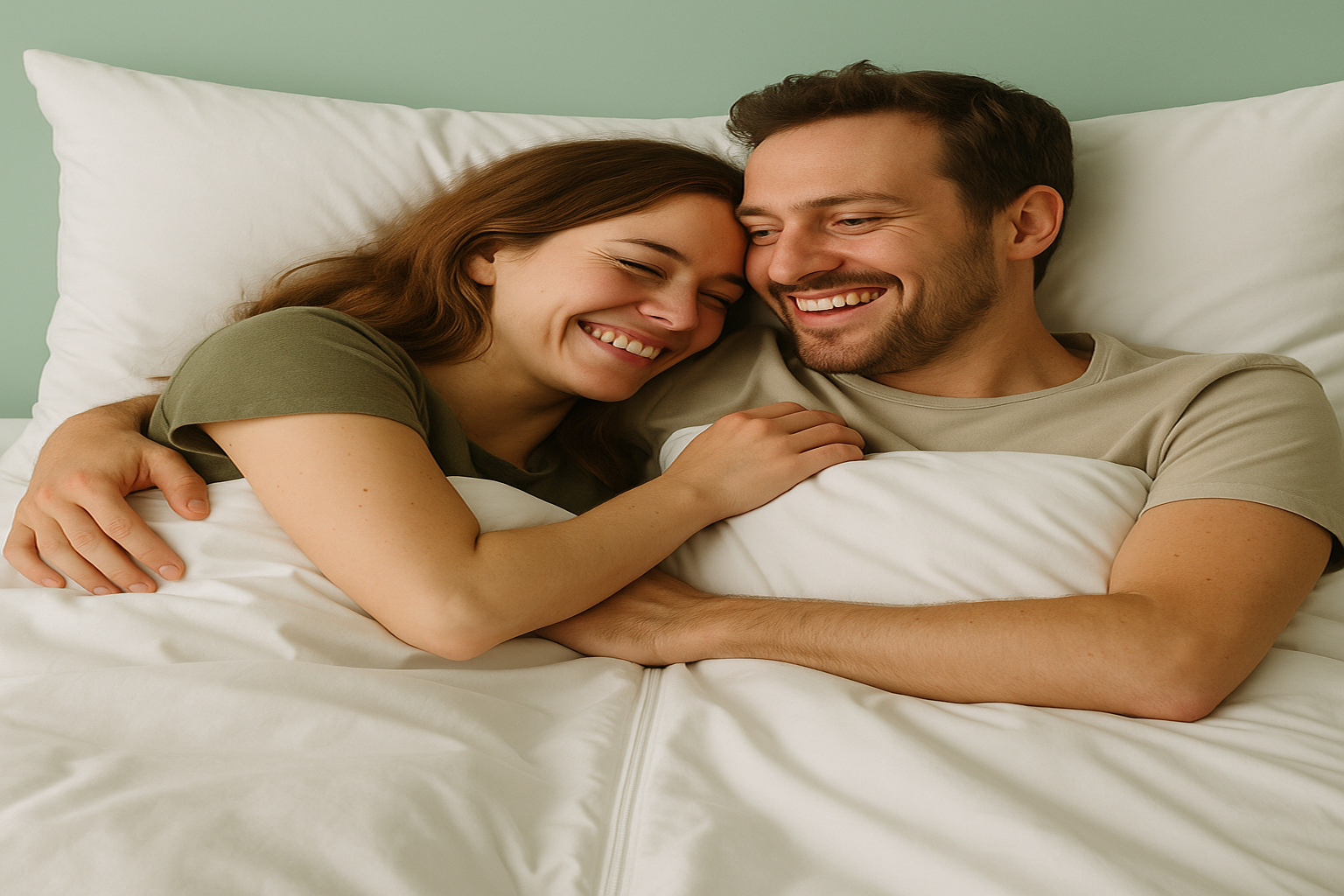 Couple lying in bed together, smiling and embracing. they are covered with Settoo DuoCover zipped - double duvet cover